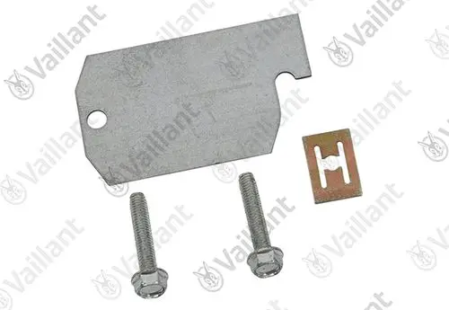 Metallisches Abdeckblech mit einer Befestigungsschraube und einer kleinen Halterung, geeignet für Vaillant Produkte.